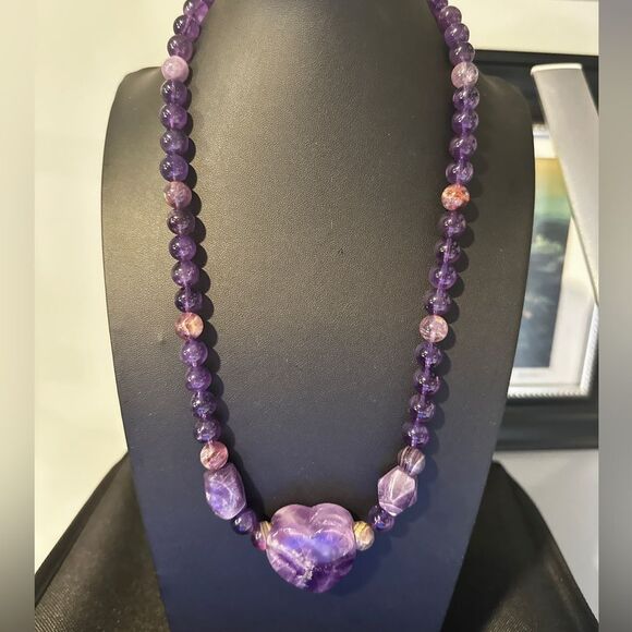 22" of ALL types of Amethyst beads, massive heart pendant necklace, 925 clasp! - Picture 13 of 15